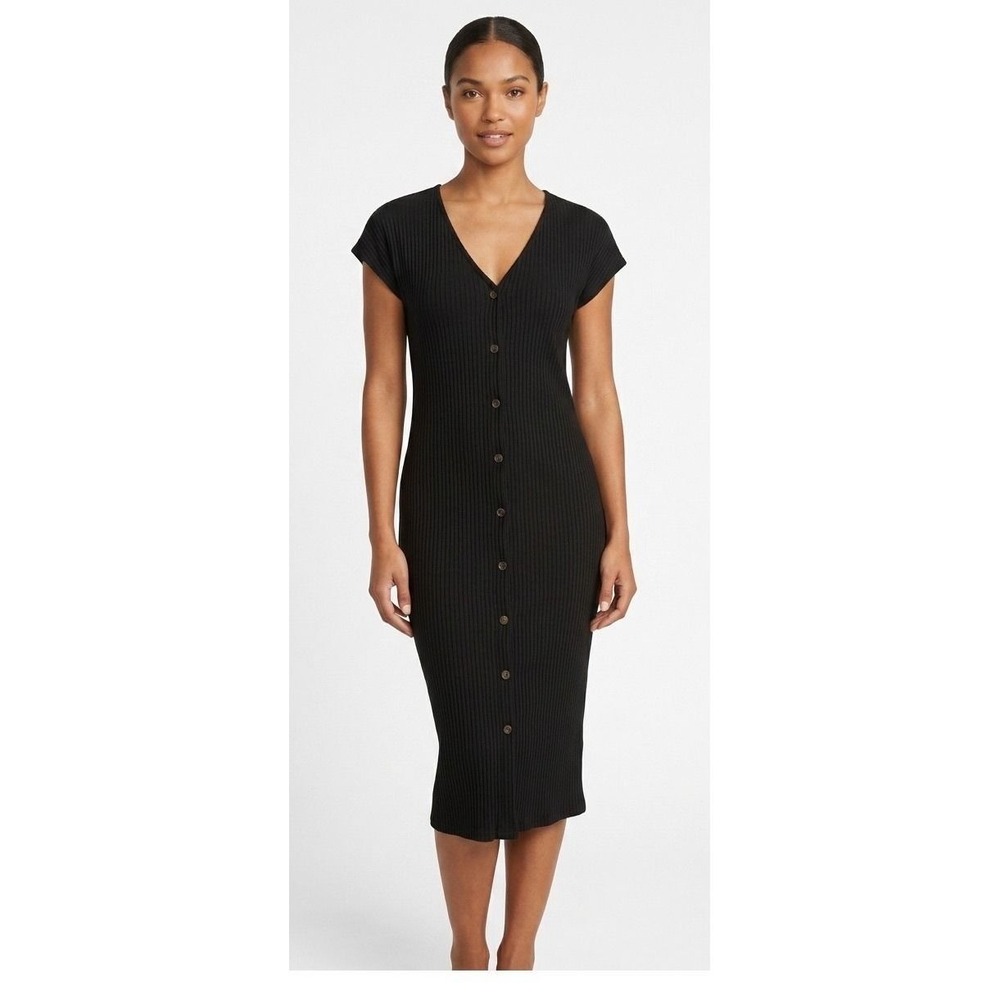 90's Minimalist Old Navy Black Ribbed ‎ Button Midi Sleeveless V-Neck L Tall